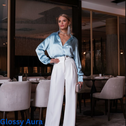 Satin Blouse and High-Waisted Trousers