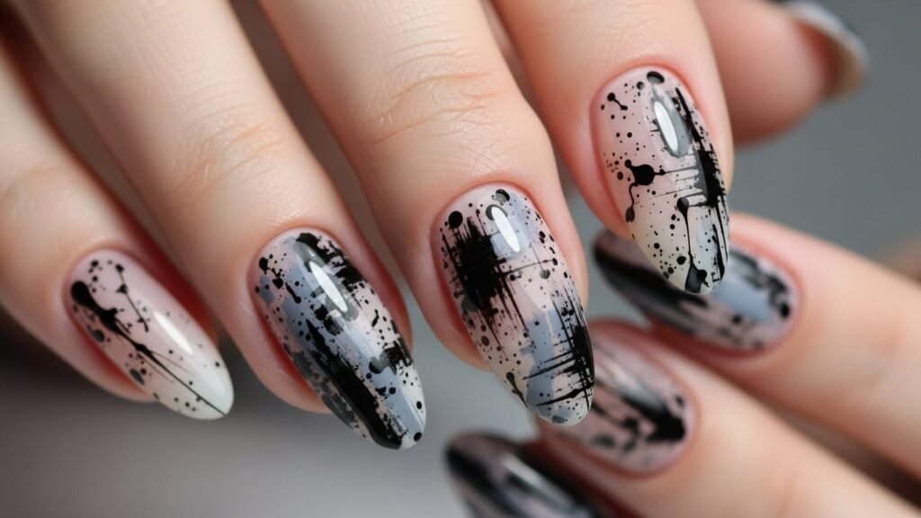 Black & Grey Paint Splatter Nails