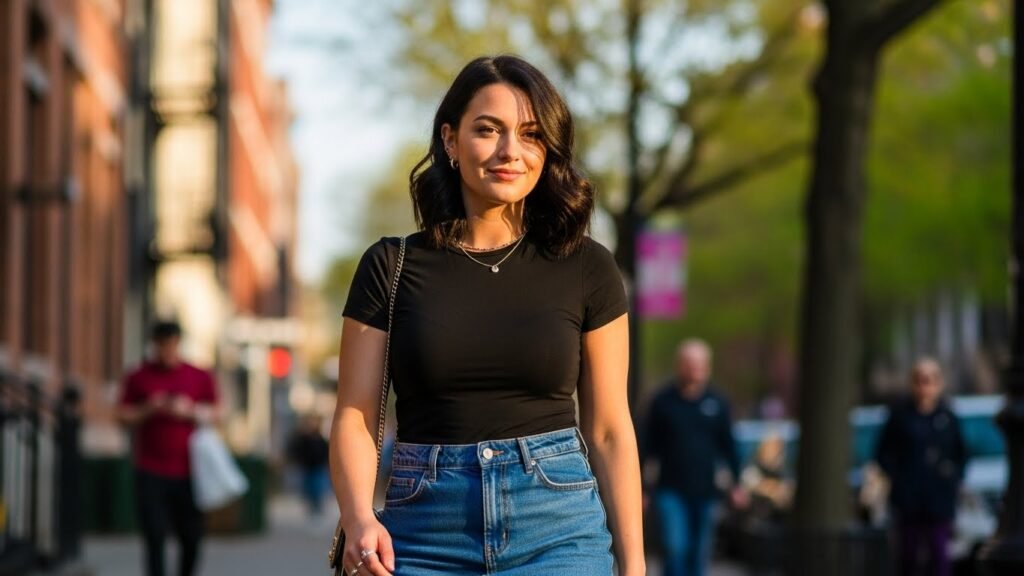Black Tee with Denim Mini Skirt