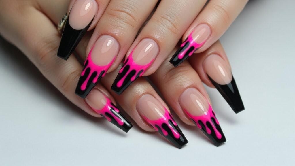 Black and Pink Drip Stiletto Nails