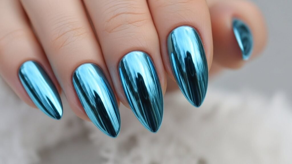 Blue Chrome Almond Nails