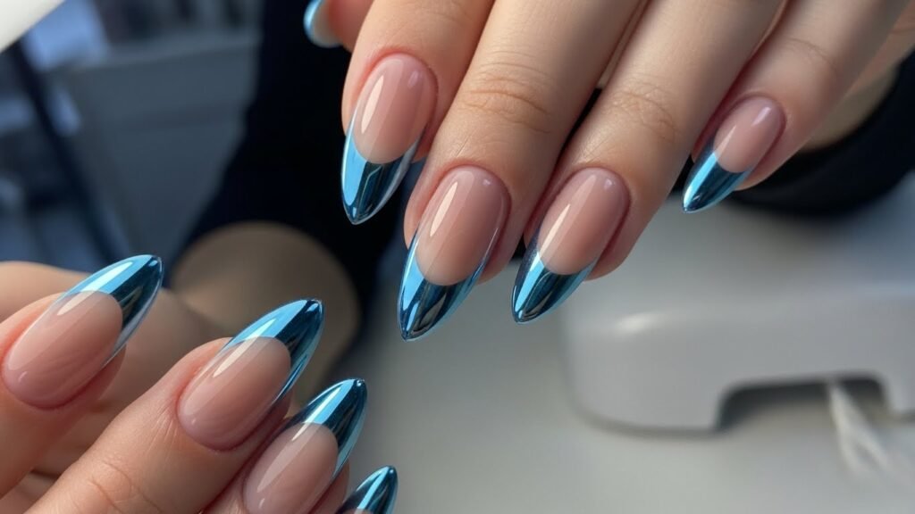 Blue Chrome French Almond Nails