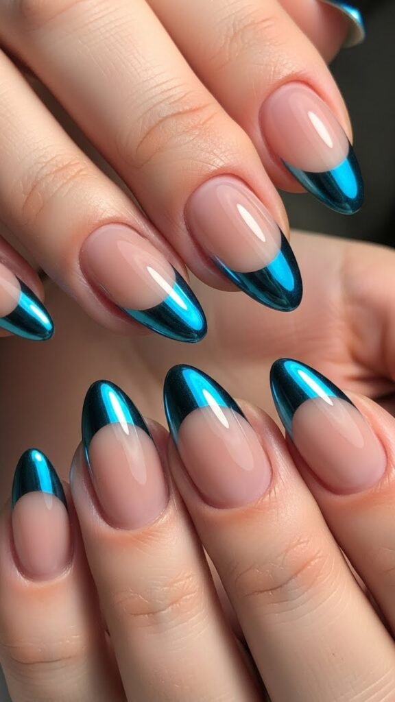 Blue Chrome French Almond Nails