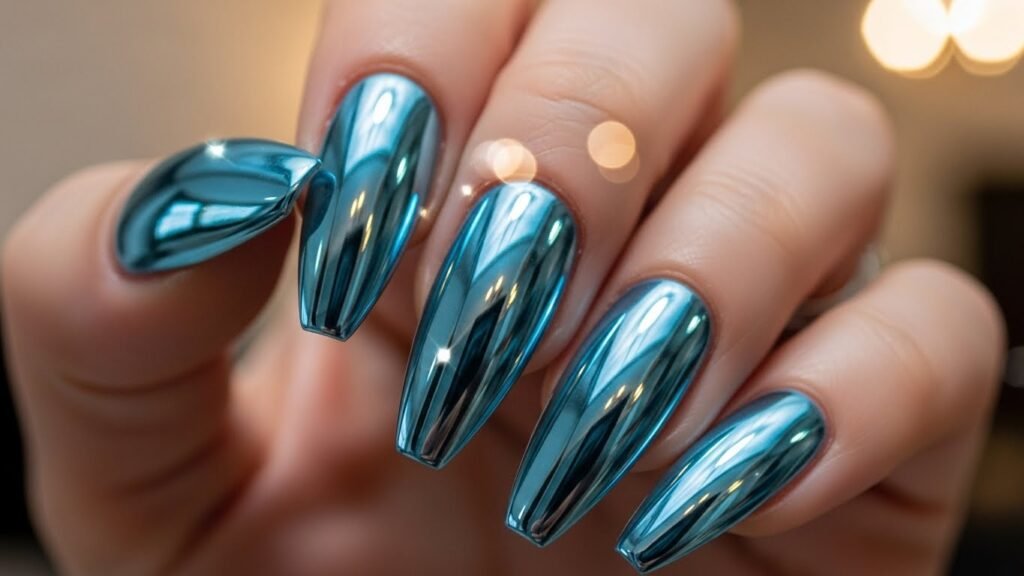 Blue Chrome Icy Coffin Nails
