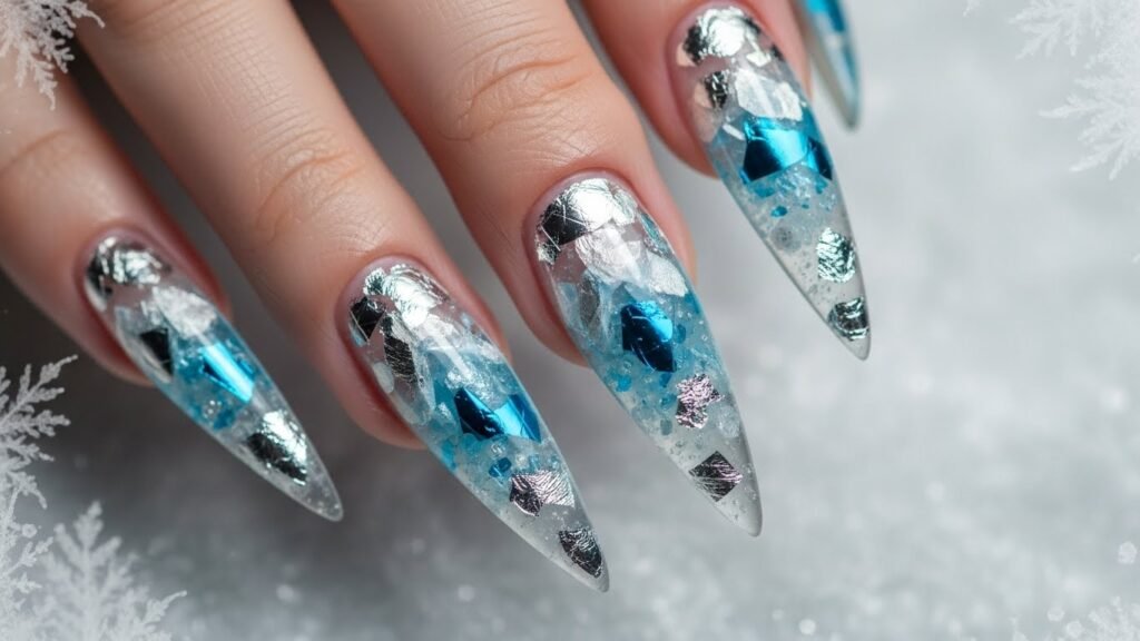 Blue Crystal Iceberg Stiletto Nails