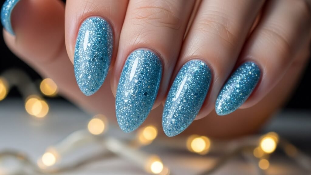 Blue Glitter Icy Almond Nails