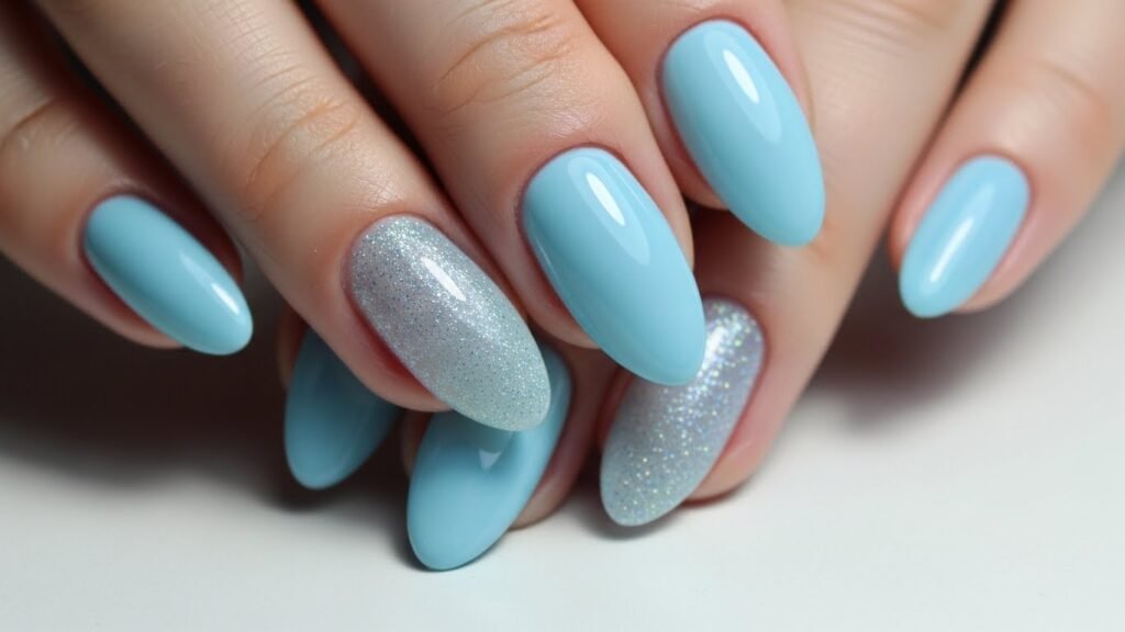 Blue Micro-Glitter Icy Almond Nails