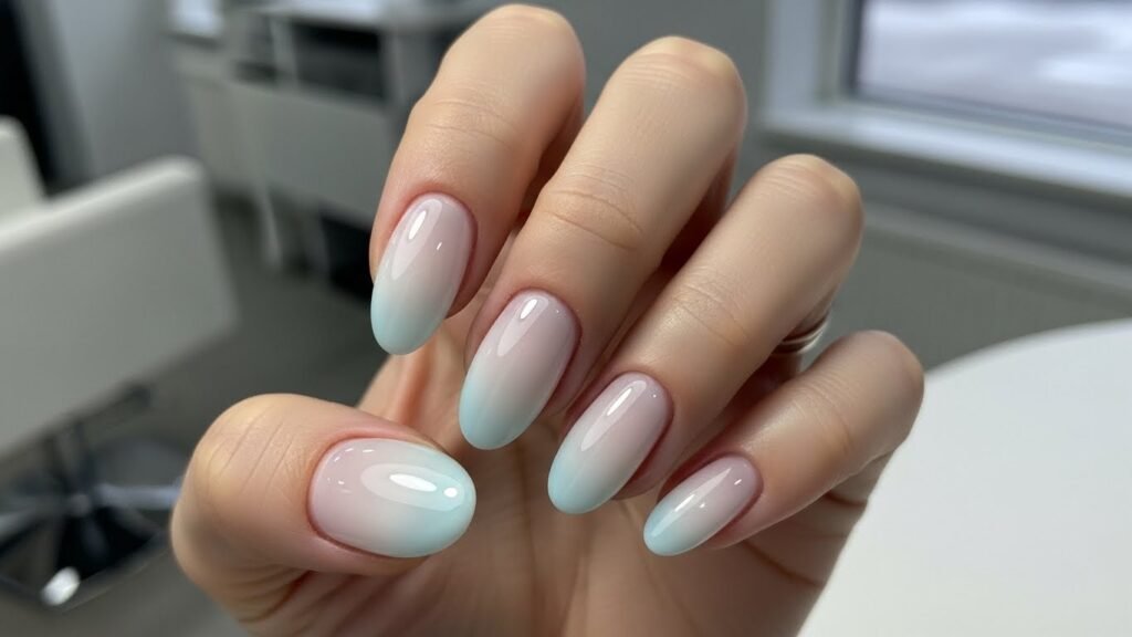 Blue Milky Gel Oval Nails