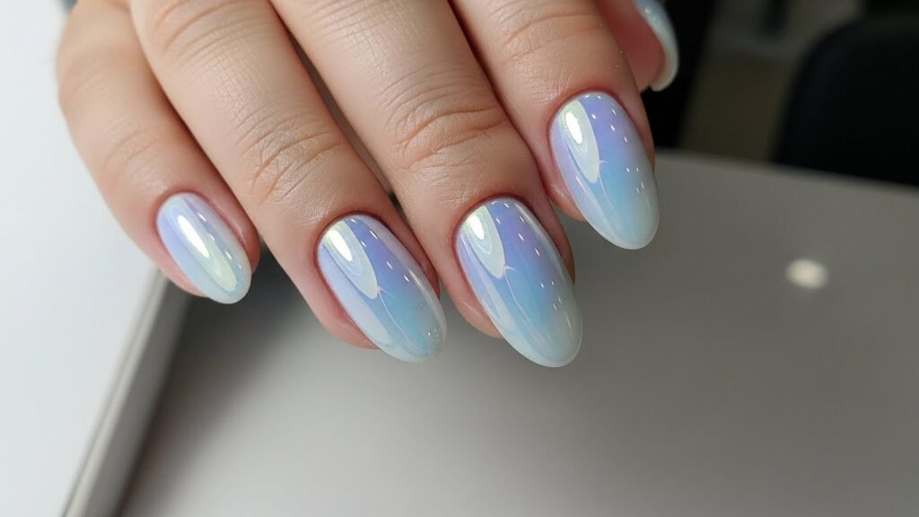 Blue Pearl Chrome Oval Nails