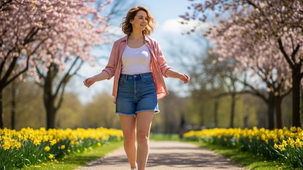 Blush Button-Down with Denim Shorts