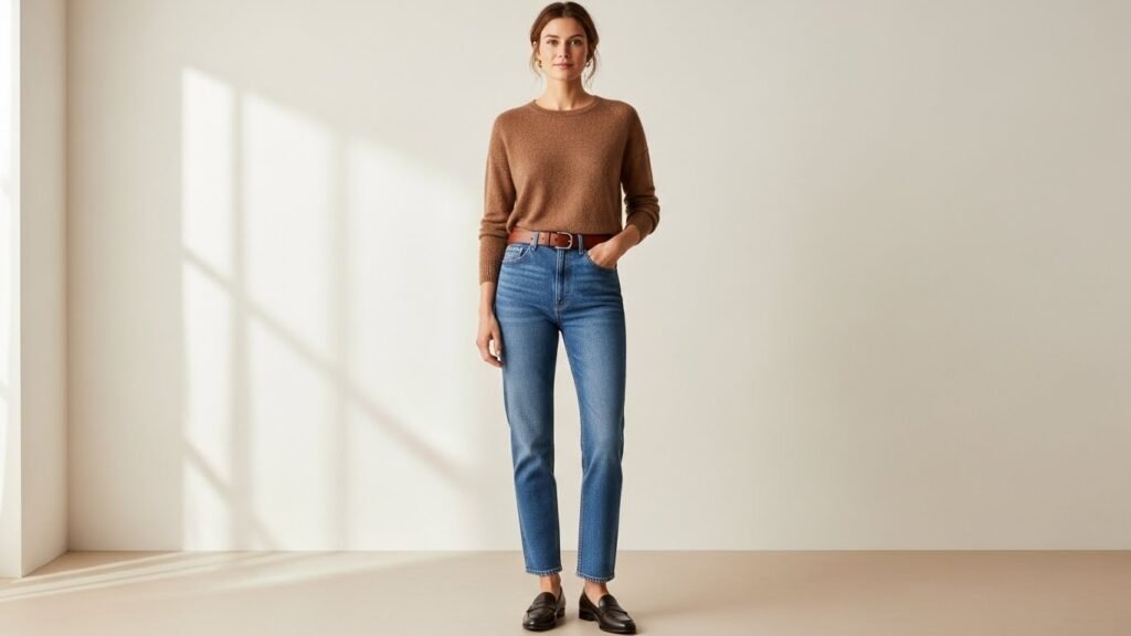 Brown Knit + Straight Denim + Belted Detail