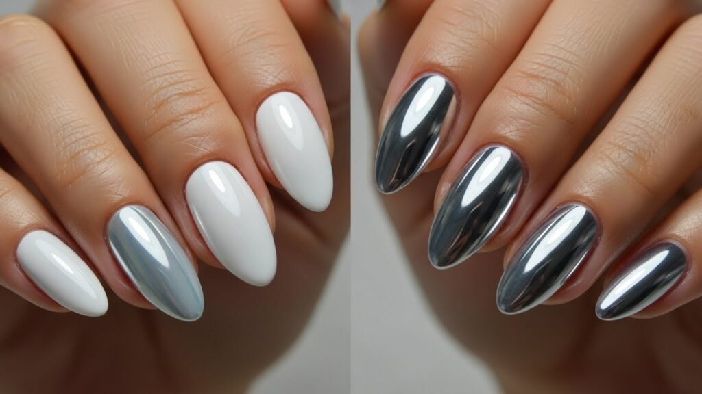Chrome Nails with Minimalist Line Art