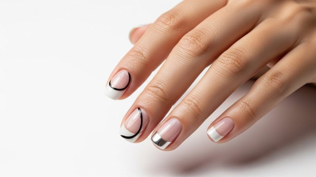 Chrome Nails with Minimalist Line Art