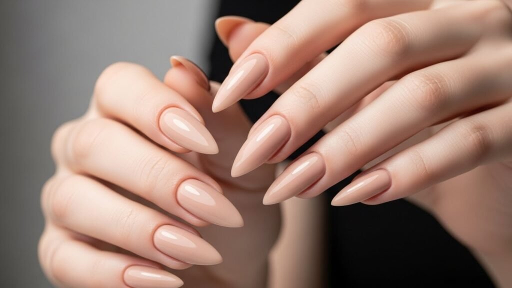 Classic Nude Stiletto Nails with a High-Gloss Finish