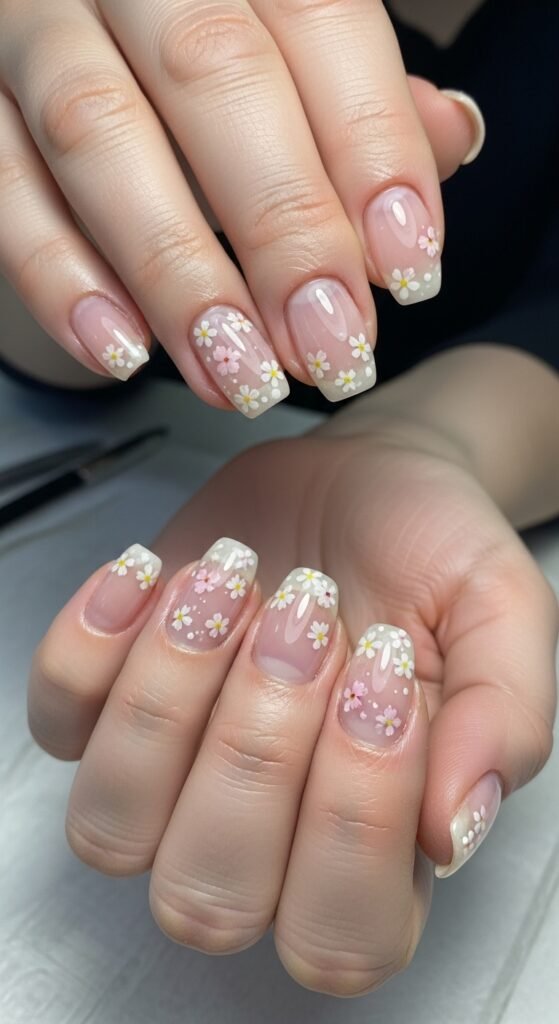 Clear Nails with Tiny Floral Details