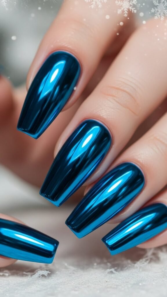 Cobalt Icy Blue Chrome Coffin Nails