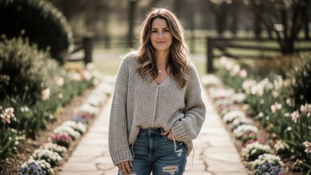 Cozy Cardigan with Distressed Denim