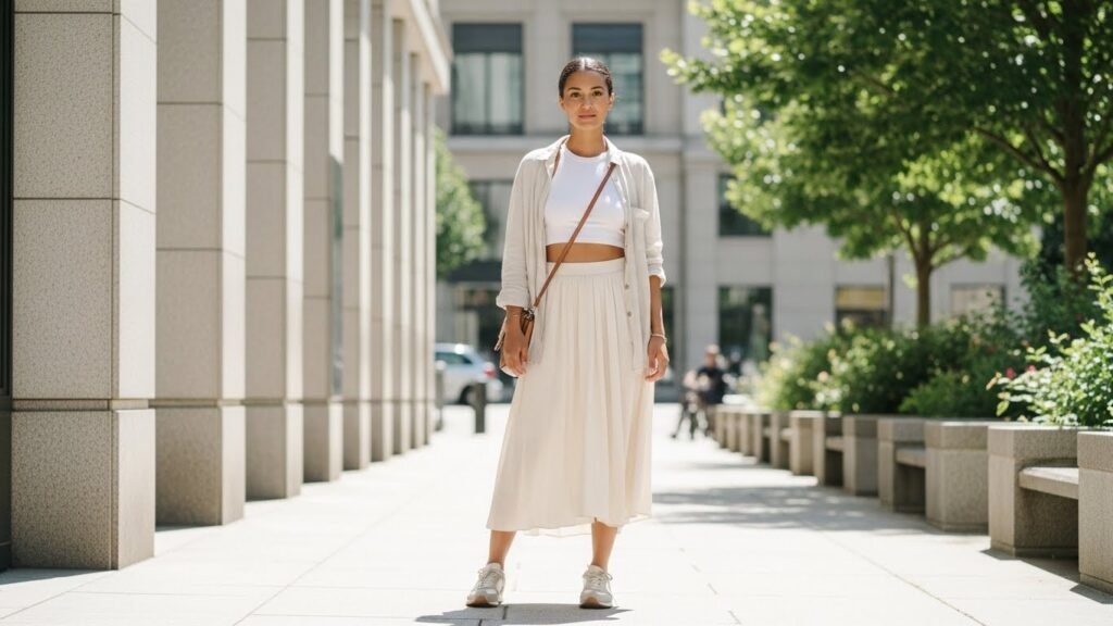 Cropped Top + Flowy Skirt + Overshirt Layer