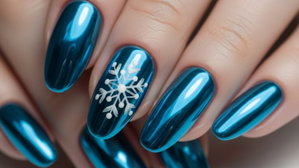 Crushed Icy Blue Chrome Stiletto Nails