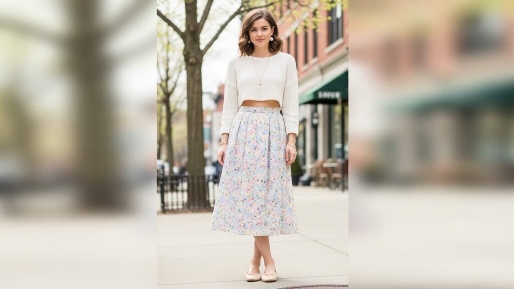 Floral Midi Skirt With Cropped Knit
