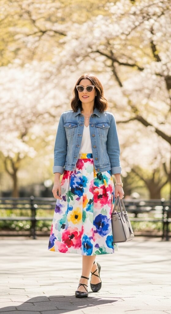 Floral Midi Skirt and Denim Jacket