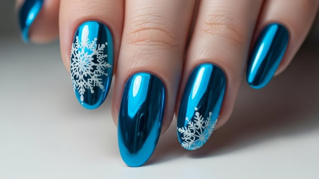 Frosted Matte Blue Chrome Oval Nails