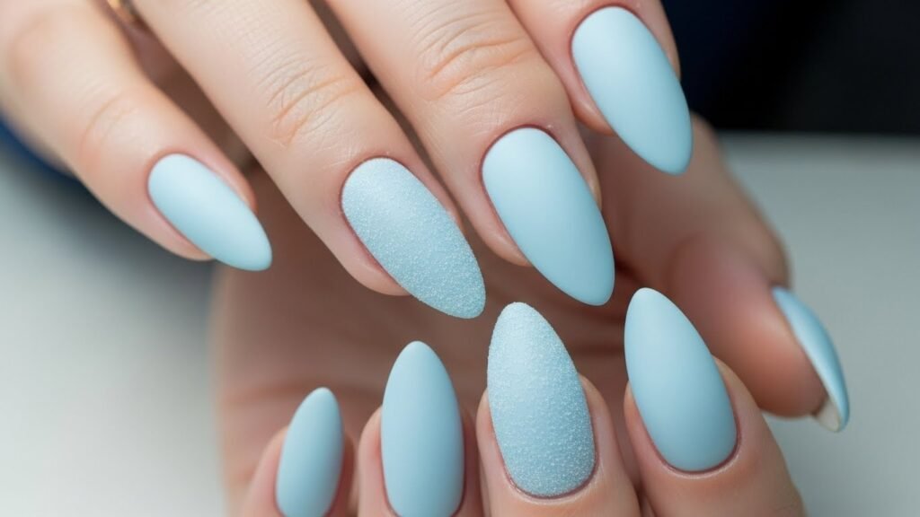Frosty Icy Blue Almond Nails
