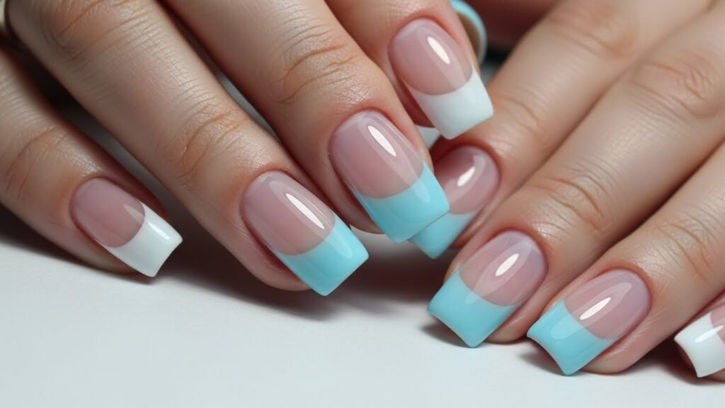 Glassy Icy Blue Oval Nails