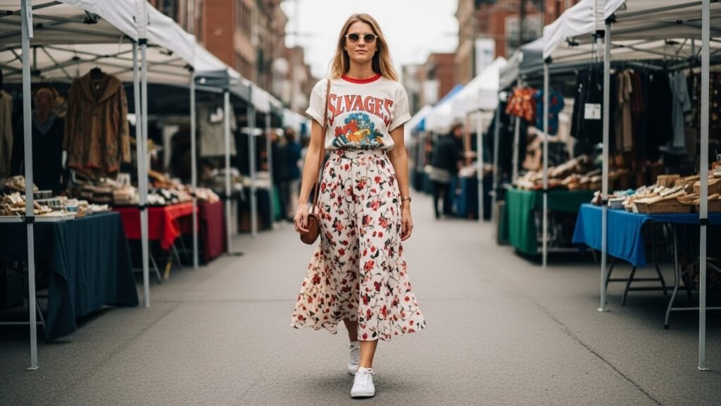 Graphic Tee + Midi Skirt + Sneakers