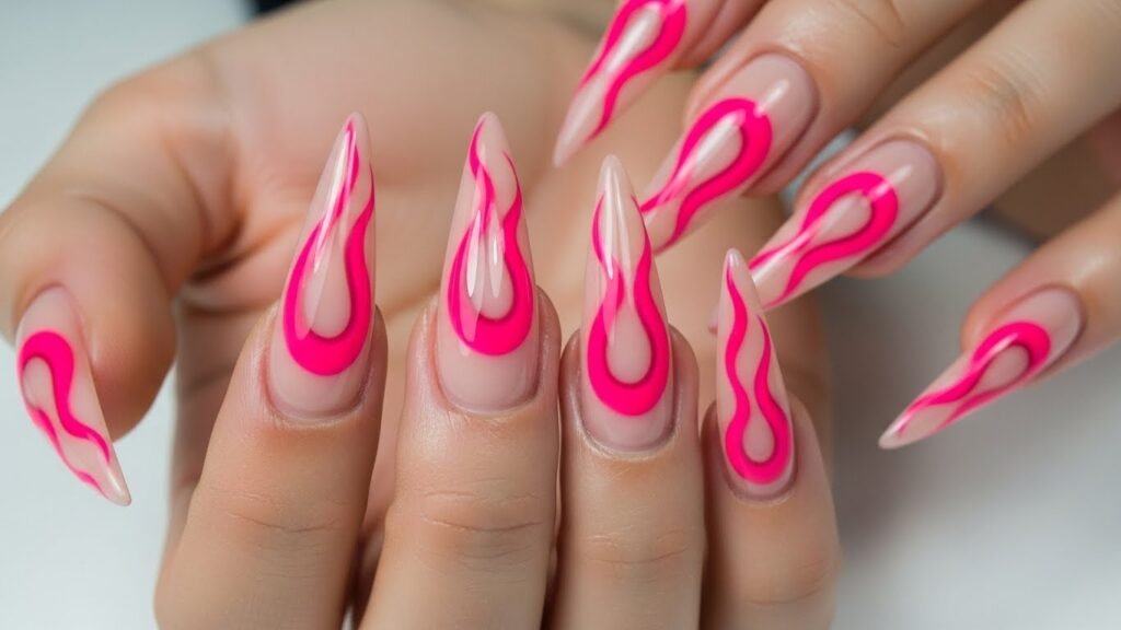 Hot Pink Flame Stiletto Nails