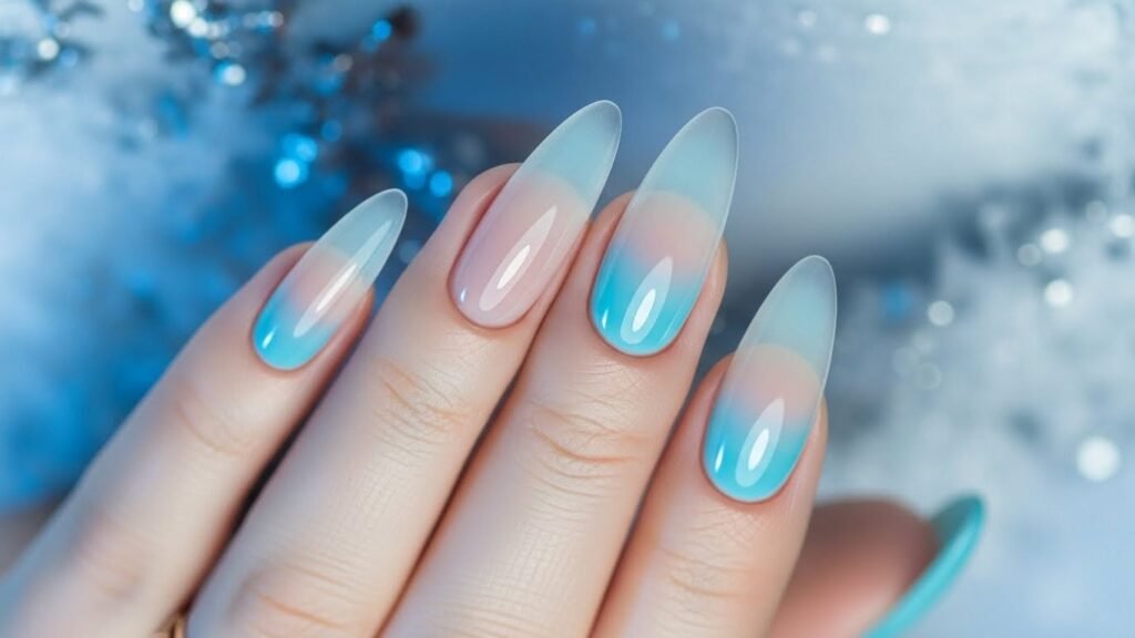 Icy Blue Aura Almond Nails