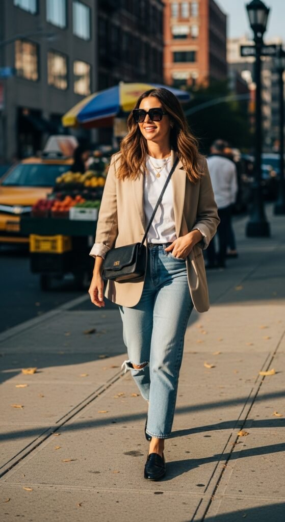 Neutral Blazer with Straight-Leg Jeans