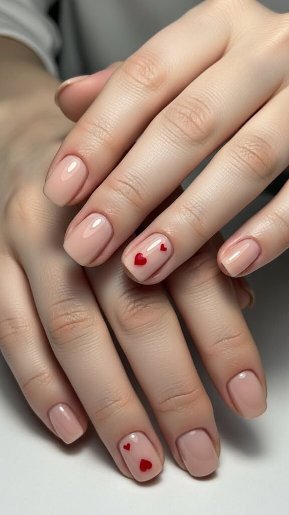 Nude Valentine Nails with Micro Hearts