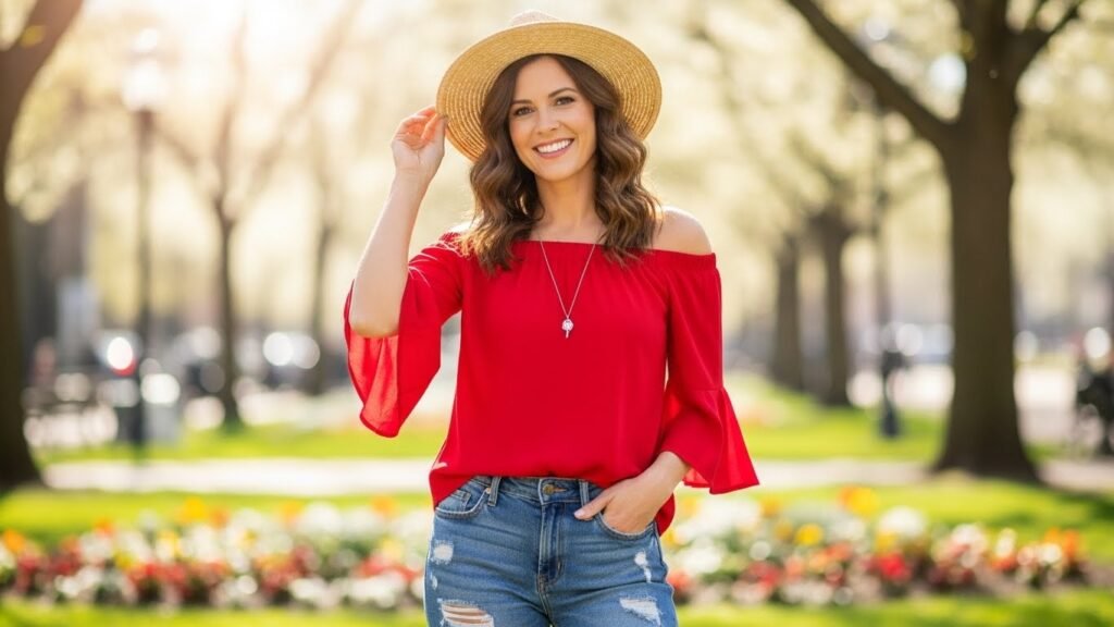 Off-Shoulder Red Top with Distressed Denim