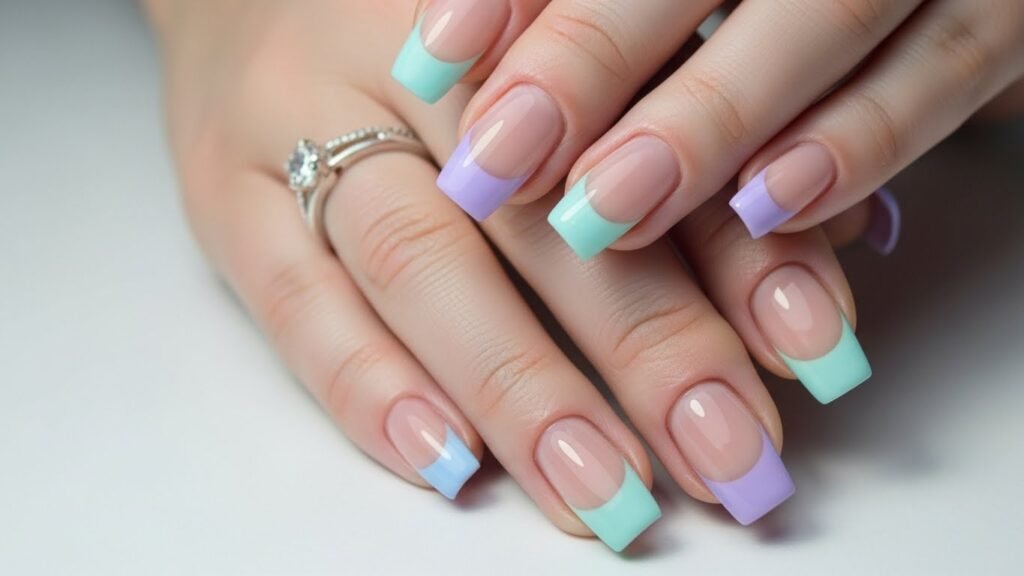Pastel Rainbow French Stiletto Nails