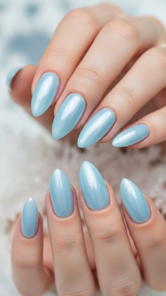Pearl Icy Blue Almond Nails