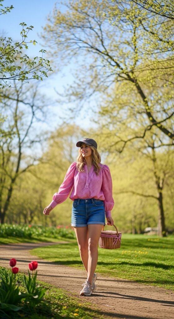 Pink Gingham Top With Denim Shorts for a Playful Spring Mood