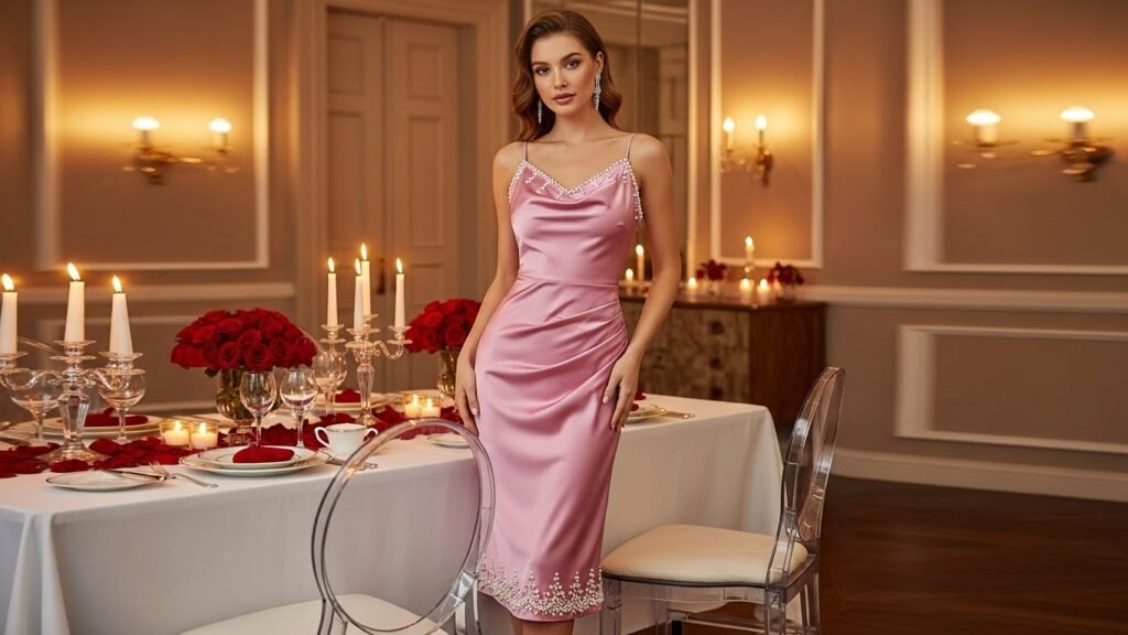 Pink Satin Midi Dress