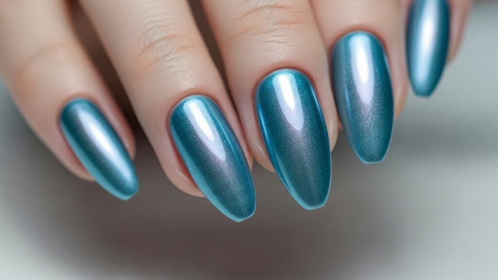 Polished Icy Blue Chrome Almond Nails