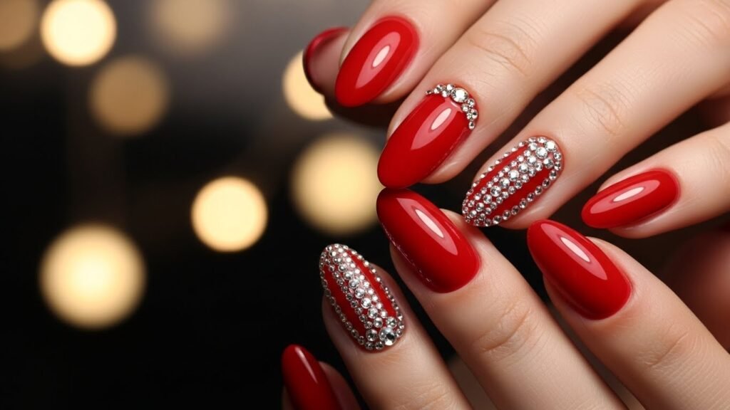 Red Rhinestone Accent Nails