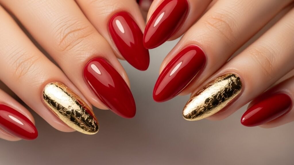 Red with Gold Foil Accent Nails