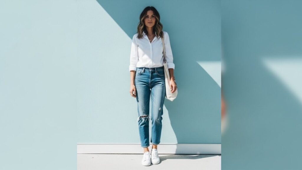 Relaxed Straight-Leg Jeans With Button-Down Shirt