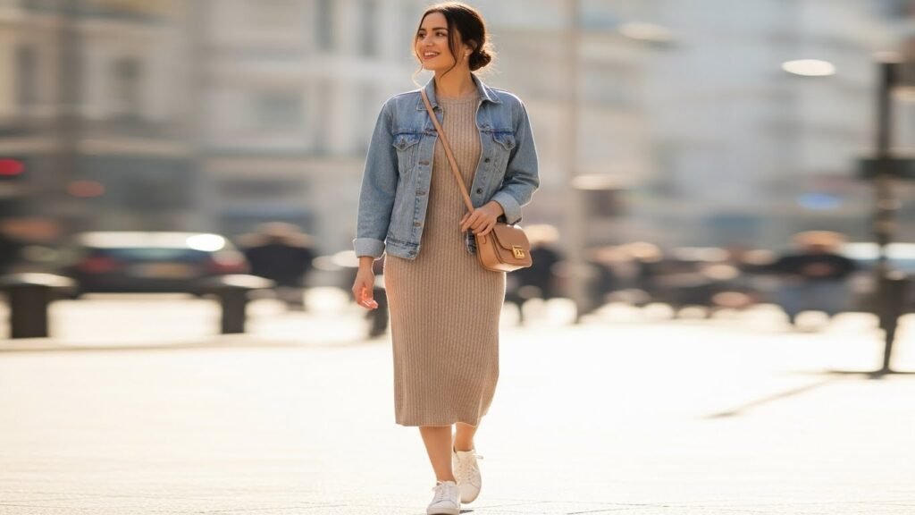 Ribbed Knit Dress With Denim Jacket
