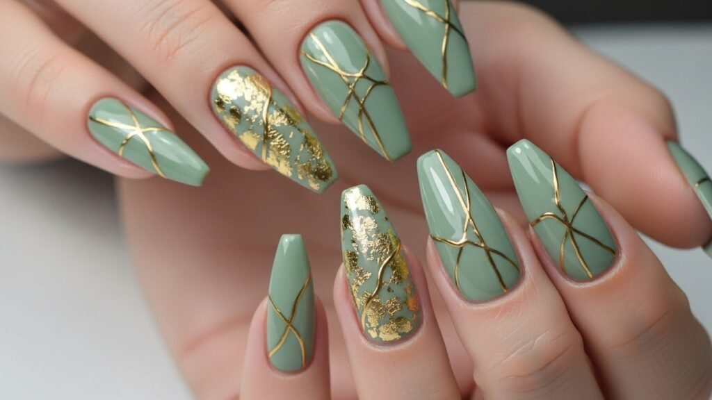Sage Green Stiletto Nails with Gold Accents