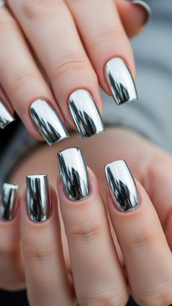Silver Icy Chrome Square Nails
