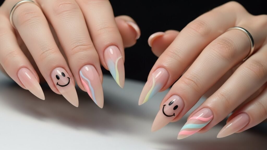 Smiley Face Accent Stiletto Nails