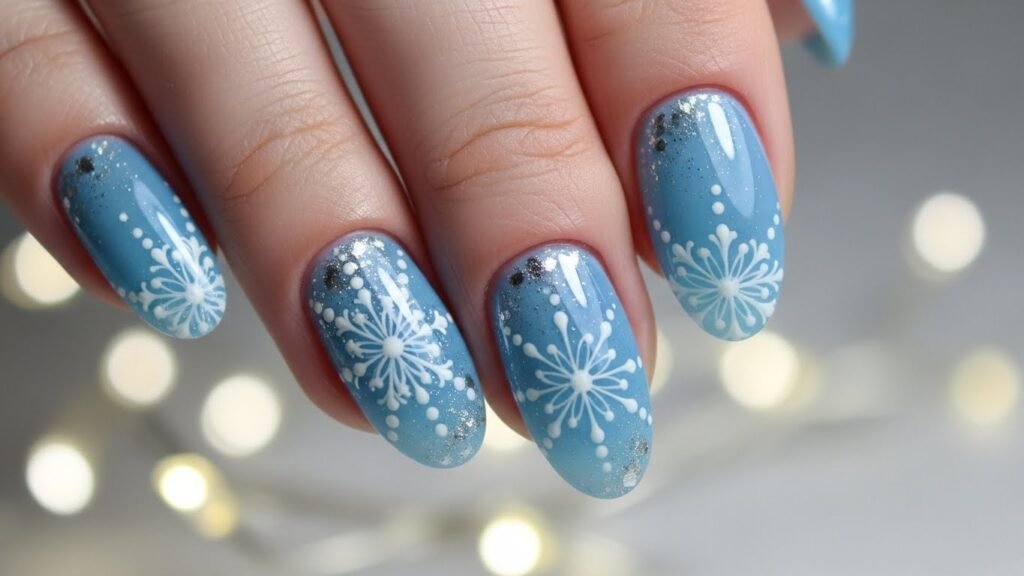 Snowflake Accent Icy Blue Nails