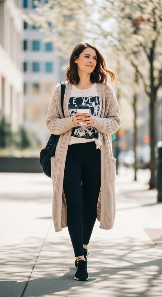 Spring Leggings Outfit with a Graphic Tee and Long Cardigan