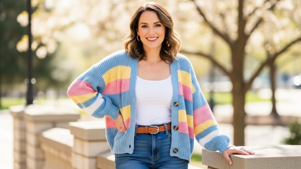 Striped Cardigan with White Tank and Jeans