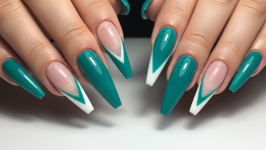 Teal and White V-French Stiletto Nails